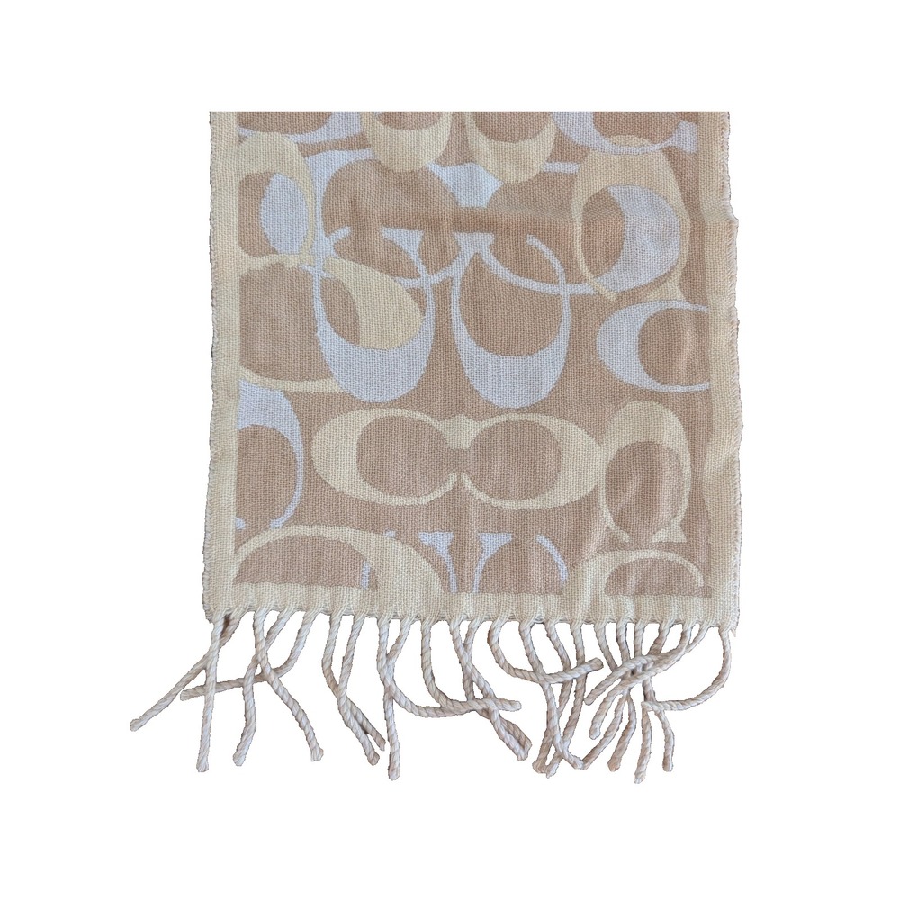 Coach Signature C Logo Scarf 100% Merino Wool Beige Tan Cream Fringe 10x64